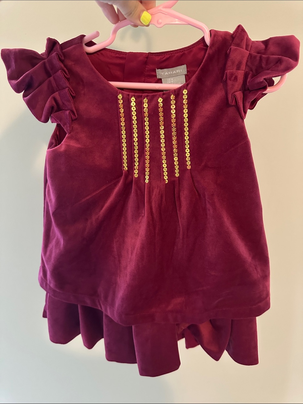 Tahari Girls' Burgundy Velvet Top with Gold Sequin Stripes